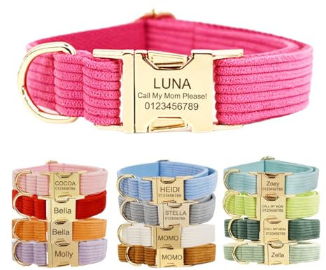 Collar de Perro Personalizado con Hebilla de Metal, Etiquetas Personalizadas para Mascotas con Nombre, número de teléfono, dirección grabada, Pana