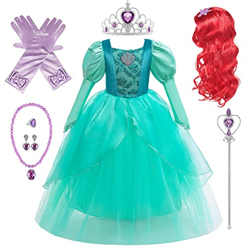 Emin Robe sirène pour enfant fille Ariel princesse avec accessoires Perruque pour anniversaire, fête, Noël, Halloween, carnaval, cosplay, princesse, costume