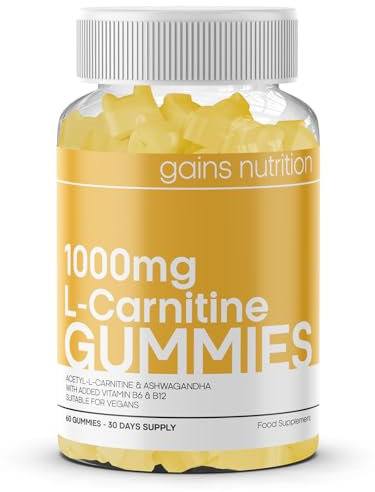 GN Acetyl L-Carnitine Gummies | 60 Gommes L Carnitine pour Hommes et Femmes – 1 000 mg Acétyl-L-Carnitine par portion avec Ashwagandha Vitamines B6 et B12 | Saveur mangue | Sans OGM Adapté aux Végétal