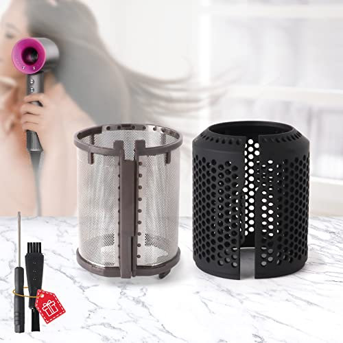 Hair Dryer Inner Filter + Outer Filter Cage Replacement for Dyson Hair Dryer HD01 HD03 HD08 Models Strainer Filter Replacement Parts (Black)