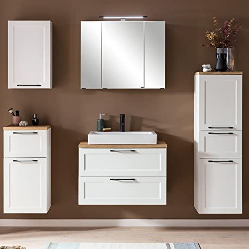 Lomadox Badezimmer Komplettset in weiß, Waschtisch 80 cm mit Kermaik-Aufsatzbecken Spiegelschrank Hängeschrank Badschrank Midischrank, B/H/T ca. 200/200/47 cm