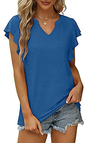 KCatsy Women Ruffle Pleated Solid Color Flower Floral Pattern Print V-Neck Summer Top T-Shirt Frill Short Sleeve Loose Tee Shirt A Blue S 10