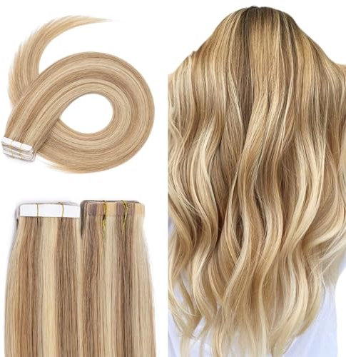 TESS Tape Extensions Echthaar 35 cm, Blond Balayage Tape Klebeband Haarverlängerung 20 pcs Glatt Hellbraun/Lichtblond Balayage Remy Tape in Hair Extensions für Haarverdichtung (20pcs-20g)