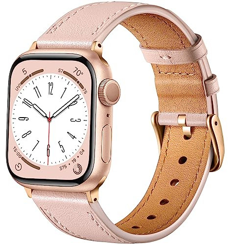 CeMiKa Leather Straps Compatible for Apple Watch Strap 38mm 40mm 41mm 42mm, Replacement Genuine Leather Strap Compatible with iWatch Series 10 9 8 7 6 5 4 3 2 1 SE/Ultra, Men and Women, Pink