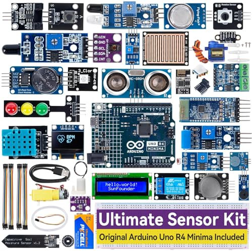 SunFounder Ultimate Sensor Kit con Arduino Uno R4 Minima originale, conforme a RoHS, sensori durevoli IoT ESP8266 IIC LCD1602 OLED, tutorial online e video corsi per principianti e ingegneri