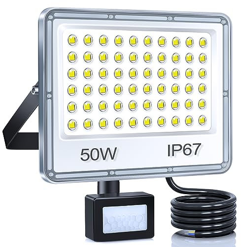 YIQIBRO Faro LED Esterno con Sensore Movimento 50W, Faretto con Sensore di Movimento 5000LM 6500K Bianca Fredda, Impermeabile IP67 Luci da Esterno per Giardino, Terrazza, Garage, Entrata