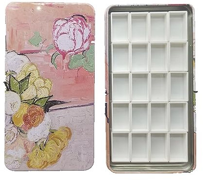 Leere Aquarell-Dose-Palette aus Metall, leerer Farbkasten mit Kunststoffpfannen mit Magnetstreifen auf der Unterseite (Champs Rose mit 20 vollen Pfannen)