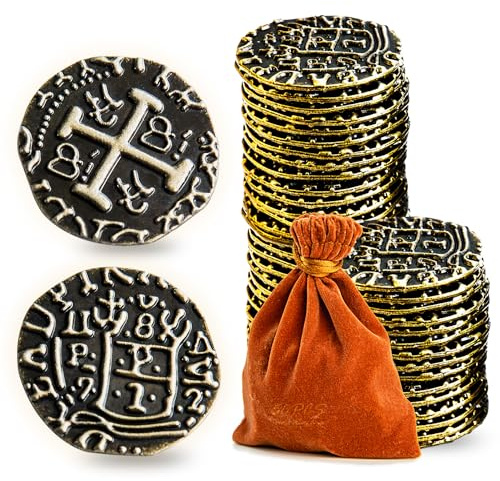 Prefdo 50PCS Bronze Treasure Coin Set - Spanish Doubloon Replicas for Board Games, Pirate Party Cosplay, 1.18in