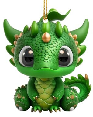 Weihnachtsbaum Deko Acryl 2D Weihnachtsschmuck,Niedliche Grün Drache Baby Weihnachtsdeko Anhänger, Weihnachts Deko Tier-Figur Hängende Christbaumschmuck,Weihnachtsanhänger (A, 8cm)