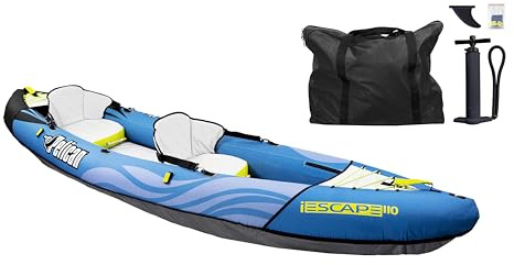 Pelican iESCAPE 110 Inflatable Convertible Kayak - Recreational Single or Tandem Kayak - Compact, Stable and Fun All in One - Transport Bag & Pump Included - 11 ft - Blue