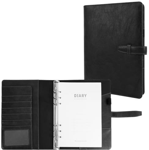 Skycase A5 Ring Binder Notebook, Leather 6 Ring A5 Binder with A5 Refill Papers,Subject Dividers Paper Sheet,Binder Pockets, Travel Binder Journal Personal Planner,Black