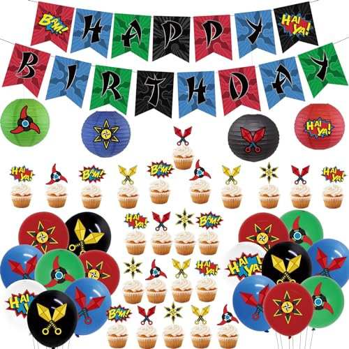 Kreatwow Ninja Geburtstag Party Dekorationen Ninja Happy Birthday Banner Ballons Cupcake Toppers Papierlaternen Krieger Party Warrior Master Themed Birthday Baby Shower