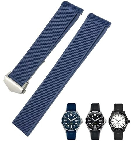 KDEGK 20 mm 22 mm Gummi-Silikon-Uhrenarmband passend für Tag Heuer F1 CARRERA AQUARACER 300 WAY201A WAY211C Uhrenarmbänder Zubehör(Blue Silver Buckle,20mm)