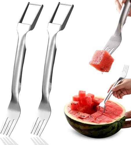 Wassermelonen-Gabelschneider, 2-in-1-Edelstahl-Obstschneider, Wassermelonenmesser, Schneidewerkzeug für Küche, Gadget, Partys, Camping (2 Stück)