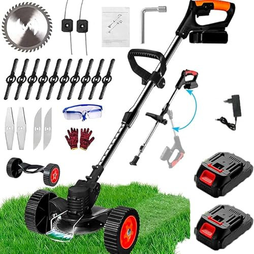 Decespugliatore 2 Batterie con ruote Decespugliatore Elettrico Tagliabordi a batteria 17 diverse lame intercambiabili 1500W estensibile - Kit guanti e Occhiali protezione