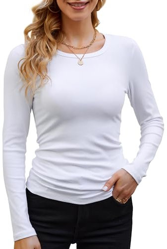 DUOEASE Langarmshirt Damen Weiß Rundhal Pullover Elegant Langarm Oberteile Rippshirt Tshirts Basic Tops Groß