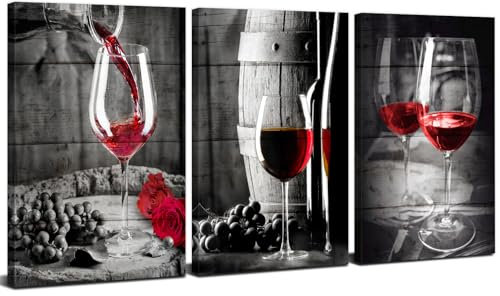 Toile murale à 3 panneaux – impressions sur toile de peintures à thème vin rouge et blanc – peintures à thème vie morte rétro – affiches d'œuvres d'art modernes et contemporaines encadrées pour la