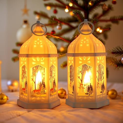 2 Stück Weihnachtsdeko Laterne Weihnachtslaterne mit Warmweißes Licht, Weihnachten Deko Laterne Beleuchtete Windlicht Weihnachten, Weihnachtsbeleuchtung Weihnachtsdekoration Innen Außen Deko Tischdeko