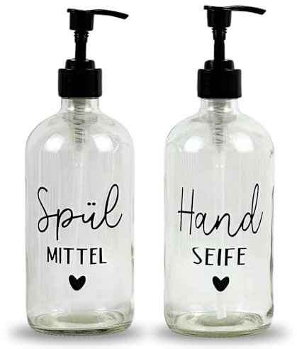 Glas Seifenspender 500ml - Schwarzer Pumpspender, Spülmittelspender für Küche. Handseifenspender für Badezimmer (Spülmittel + Handseife)