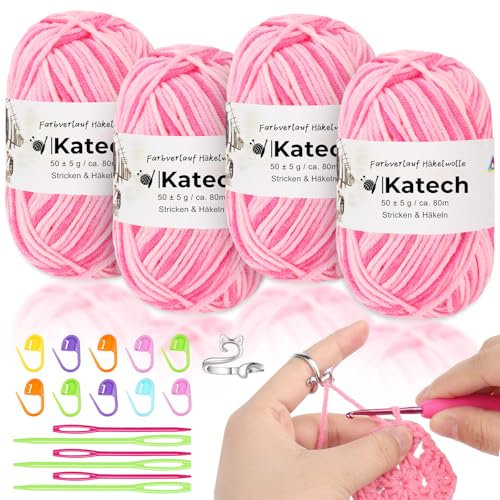 Katech 4x50g(200g) Mehrfarbige Häkelgarn, Baumwolle zum Häkeln, Häkelwolle Set mit Häkelring, Strickgarn Wolle zum Stricken von Mützen/Schal/Socken/Kinderkleidung, Farbverlauf Garn Rosa