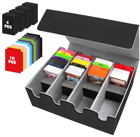 Karten Box für 2800+ Karten, Sammelkarten-Aufbewahrungsboxen mit 10 Bunt Trennwänden, 4 Schaumblöcke, Premium Magnetic Deck Boxen, PU Leder Deck Case für TCG Magic The Gathering Karten (Schwarzgrau)