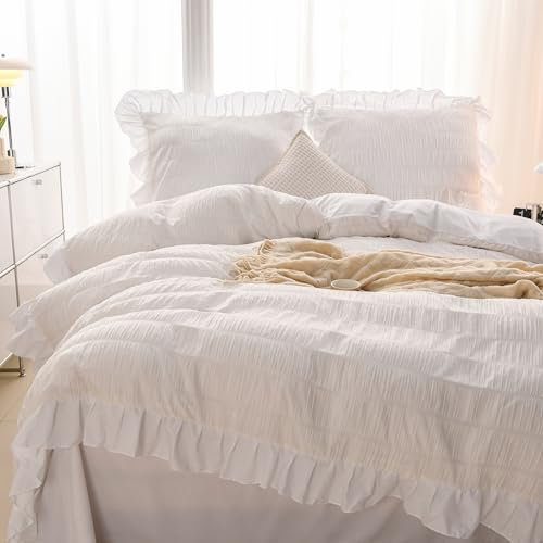 GETIYA Luxus Seersucker Bettwäsche 220x240 Mikrofaser Bettwäsche Damen Herren Weiß Seersucker Bettbezug Gestreift Muster Rüschen Bettwäsche Doppelbett Deckenbezug mit 2 Kissenbezug 80x80
