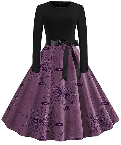 Halloween Kostüm Damen Retro Kleidung Damen Temperament Langarm Gebundene Taille Tunika Festlich Rundhals Teufel Swing Gastkleider Schwarzes Kurzes Kleid Damen Sexy (Purple, S)