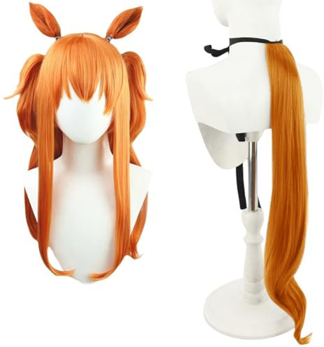 Game Cosplay Wig Orange Hair Wig Long Straight Wig Ponytail Wig Cosplay Show Wig + Ear + Tail