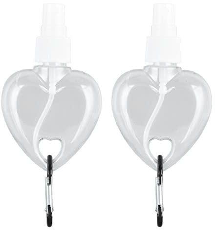 OKJHFD 2 Pcs 50ml Travel Keychain Bottles,Portable Plastic Clear Leakproof Bottles with Hook,Refillable Empty Squeeze Container for Hand Sanitizers Liquids Toiletries (Spray heart shape)