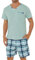 Leversic Zweiteiliger Schlafanzug Herren Kurz Baumwolle mit Karierter V-Ausschnitt, Shorty Pyjama Herren Set Sommer Nachtwäsche Pajamas for Männer, 287-Blaugrün, XL