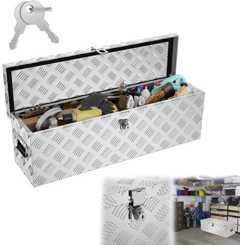 YRHome 38L Aluminium WerkzeugkisteAlubox Aluminiumkiste Transportbox Deichselbox Für PKW Anhänger Mit Verriegelungssystem Sicherheitsgriffe 2 SchlüsselnStoßfest Wasserdicht,Silber 80 * 22 * 22.5 CM