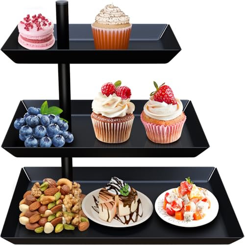 Lnopever Etagere 3 Etagen Schwarz Stahl,360°Drehbares Obstschale Stahletagere Metall,Obst Etagere 3 StöCkig,FüR Desserts,Kuchen,GebäCk,Kekse Und Obst,24.8 * 16 * 26.3cm
