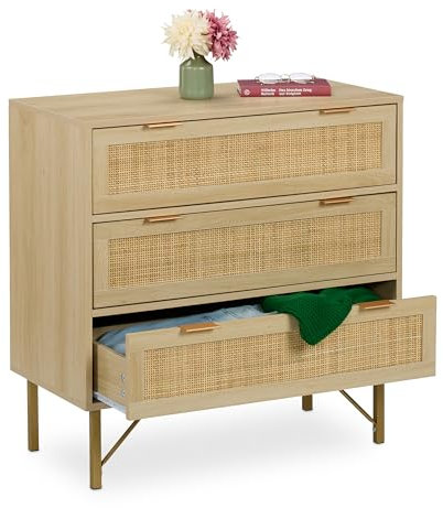 Relaxdays Kommode, 3 Schubladen, Rattan- & Holzoptik, HBT 80 x 80 x 42 cm, Wohnzimmer, Flur, Kommodenschrank, natur/gold