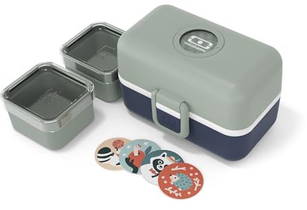 monbento - Lunch Box Enfant Tresor vert/bleu - La Boite Repas 3 Compartiments pour Enfant - Idéal pour Repas et Goûter Ecole/Pique-nique - Sans BPA - Personnalisable et Sûre - Vert & Bleu