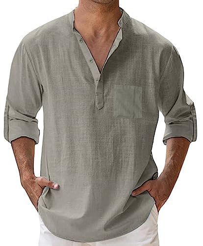 Generisch Herren Leinenhemd Baumwolle Stehkragen mit Brusttasche Sommerhemd Anzug&Safari Hemd Fischerhemd Langarm Musselin Freizeithemden Strandhemd