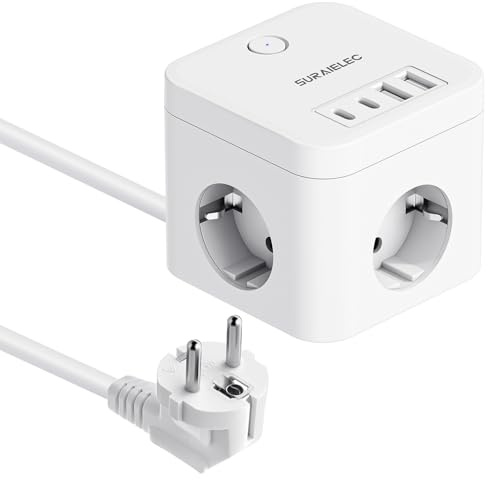SURAIELEC Steckdosenwürfel mit 4 USB, 3-Fach Mehrfachsteckdose, 3 m Kabel | 2 USB-C + 2 USB-A, 16 A 3680 W, Steckdosenwürfel mit Schalter für Büro und Zuhause