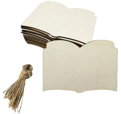 WEOSMIRA 30 Pcs Unfinished Wood Open Book Cutouts Crafts Wood Open Book Hanging Ornaments with Hole Hemp Ropes Wood Tags for Home Party Decoration DIY Craft