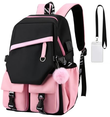 FSRONGXI Schule Rucksäcke Frauen, schwarze Schultasche für Teenager Mädchen, 15,6 Zoll Laptop Rucksack Casual Daypack Rucksack für Reise College Arbeit Studenten Buchtasche (Casual, Pink)