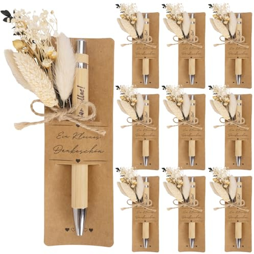 KKSJK 10 Sets Dankeschön Geschenke, Ein Kleines Dankeschön Geschenk mit Holz Kugelschreiber, Trockenblumen und Stifthalter, Danke für Alles Geschenk für Lehrer Mitarbeiter Kollegen Abschiedsgeschenk