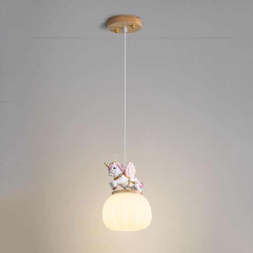 Lámpara Colgante de Unicornio de Dibujos Animados, lámpara Colgante de Resina con Pantalla acrílica Blanca, Luces de Techo LED Modernas, lámpara de araña Decorativa para habitación de Princesa,