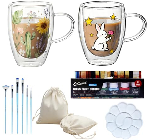 NIYATA Latte Macchiato Gläser, DIY Tassen Bemalen 2er Set 350ml mit 6 Farben Pinsel und Palette Doppelwandige Kaffeegläser für Cappuccino und Eiskaffee, Geschenkset für weihnachtsgeschenke
