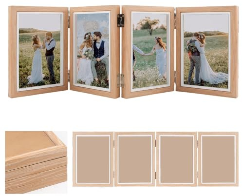 AXVRAV Klappbar Bilderrahmen für 4 Bilder 10x15 cm, Faltbar Holz Fotorahmen mit Scharnier & Glasscheibe, Holzbilderrahmen Rahmen für Büro Familie Geburtstag Hochzeit Schreibtisch Geschenk Deko