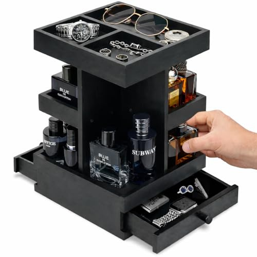 VYNOPA Rotating Fragrance Stand for Men, 3 Tier Wooden Perfume Organiser with Drawers, Aftershave & Cologne Storage Display Shelf for Dresser, Vanity & Bathroom