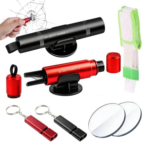 2Pcs Car Window Breaker, 2-in-1 Seat Belt Cutter & Escape Tool with Holder | with Testing Glass, Whistle & Mini Duster for All Vehicles, Essential Safety Tool for Emergencies, Roadside & Travel