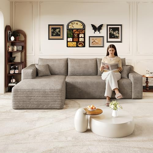 Yihomfy 241 cm Canape Dangle Convertible, Canapé d'angle Modulable,Canapé Convertible, Assise Profonde, Canapé 3 Places avec Méridienne,Canapé Compressé en Forme de L,Velours Côtelé, L-Marron Clair