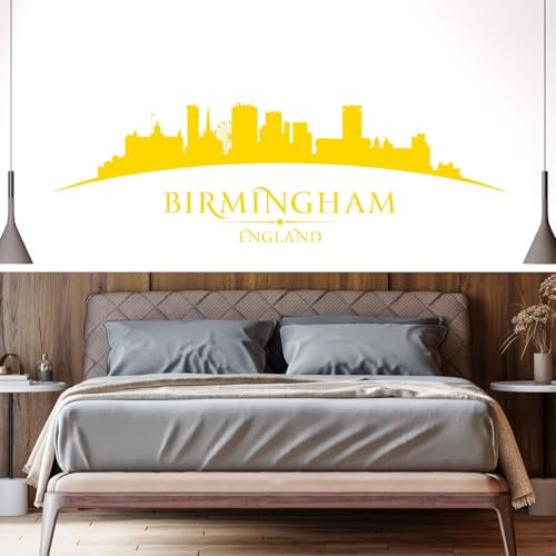 Birmingham England City Skyline – Kathedrale / Museum / Kunstgalerie / Selfridges – Schlafzimmer / Wohnzimmer, Schild Vinyl, Mittelgelb, Large (1200mm wide)