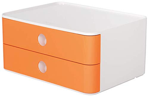 HAN Schubladenbox Allison SMART-BOX mit 2 Schubladen und Trennwand, Kabelführung, stapelbar, Utensilienbox für Büro, Schreibtisch Küche, möbelschonende Gummifüße, 1120-81, hochglänzend, apricot orange