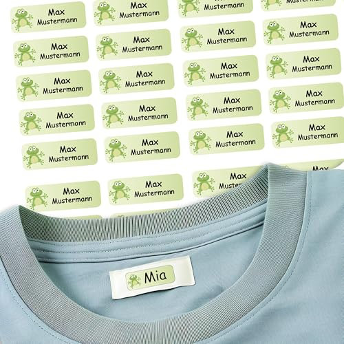 Sunnywall® 37 Selbstklebende Namensschilder & Namensaufkleber für Kleidung & Gegenstände - waschmaschinengeeignet | Ideal für Kinder, Schule und Kita (3,8x1,4 cm) (Frosch frog 12)