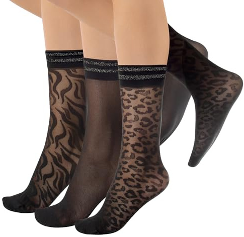 CALZITALY 3 Paar Feine Socken, Damen Lurex Socken, Strümpfe, Netz Kniestrümpfe | Schwarz | Einheitsgröße | Made in Italy