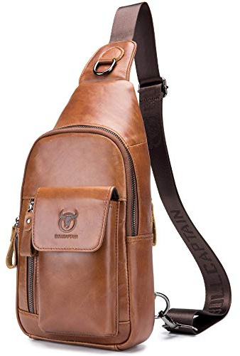 BULLCAPTAIN Herren-Crossbodytasche aus Leder, Schultertasche, lässiger Tagesrucksack, Brusttaschen für Reisen, Wandern, Braun, Sling-Rucksäcke
